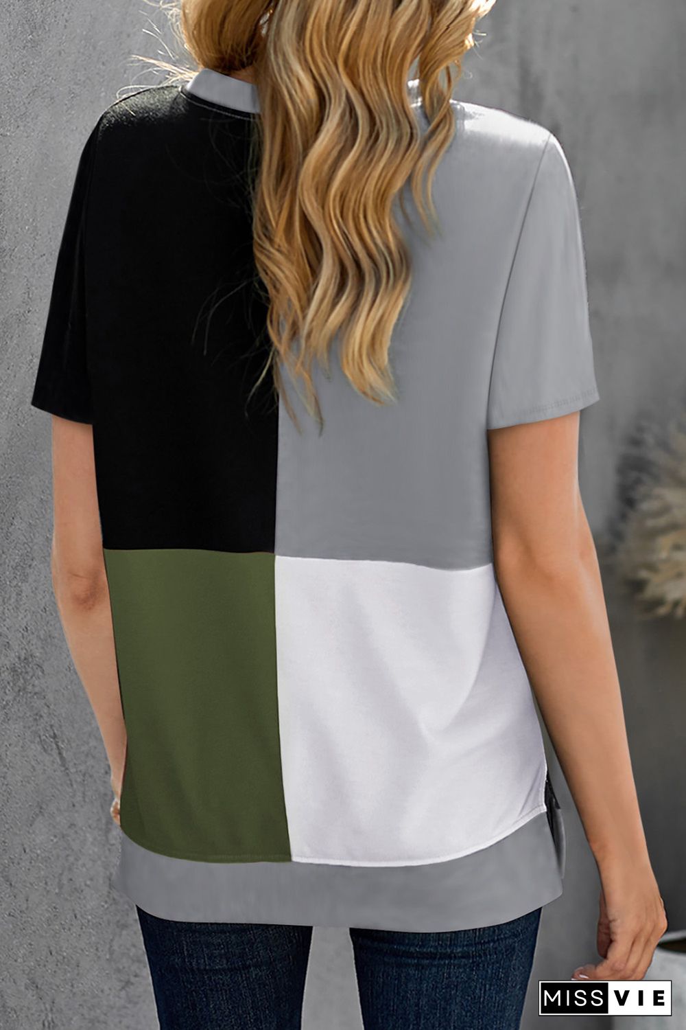 Army Green Colorblock T-shirt with Slits