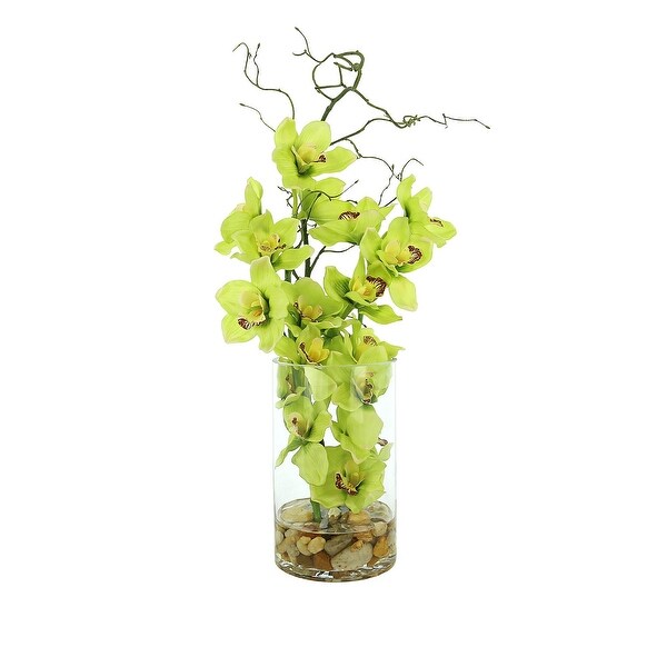 Green Orchids and Vine in Glass Vase with Rocks and Acrylic Water