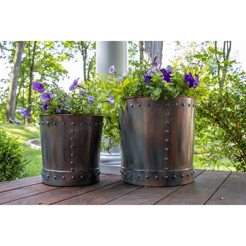 Unique Large Riveted Bronze Planter Set of 2 for Outdoor or Indoor Use  Garden  Deck  and Patio