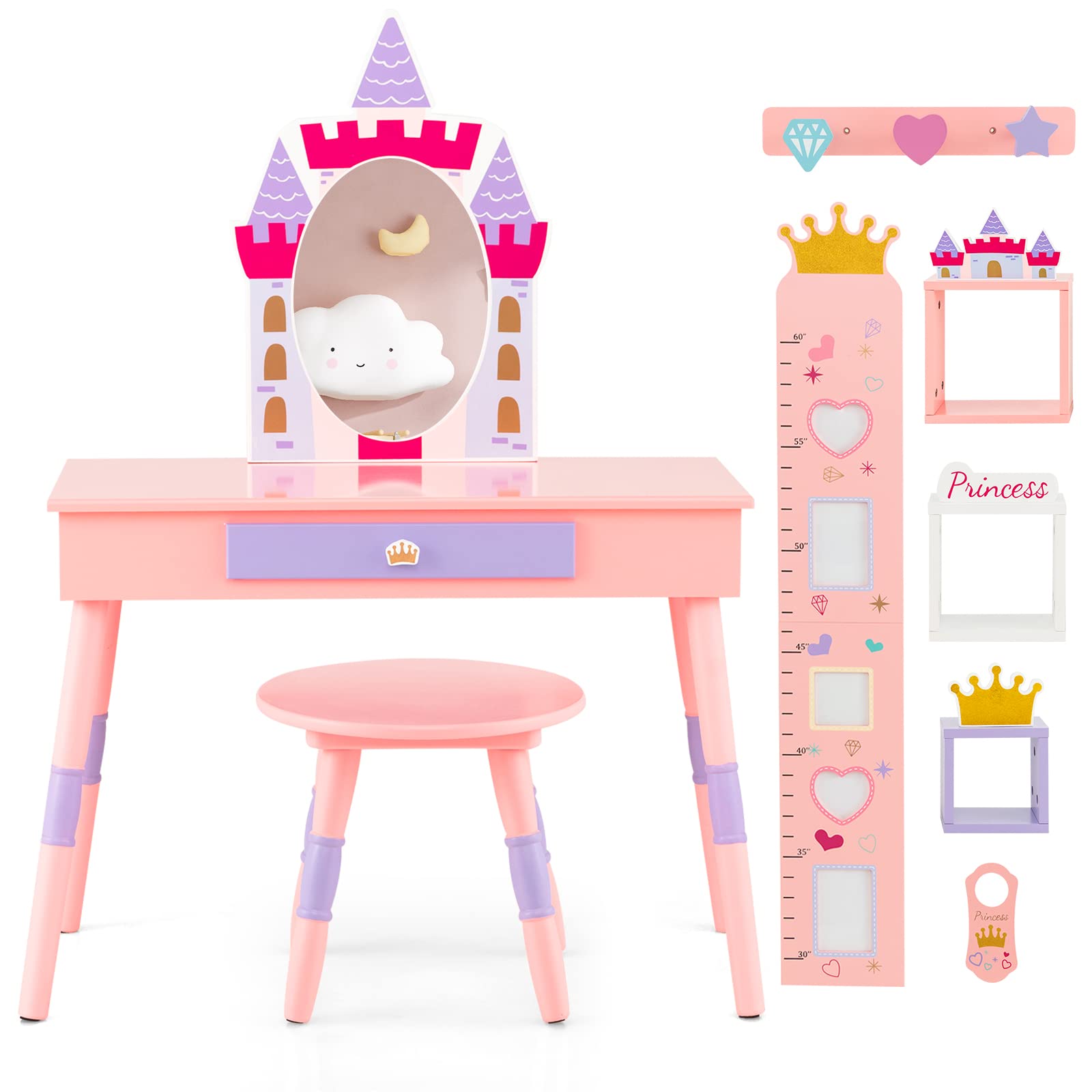 Costzon Kids Vanity Set, Girls Vanity Set with Mirror and Stool, Princess Makeup Dressing Table