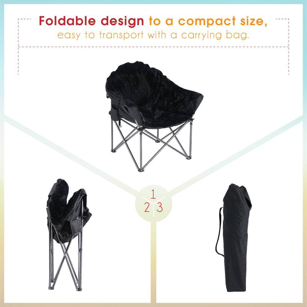 PHI VILLA Folding Luxury Plush Moon Camping Chair Heavy-Duty Saucer Chair With Carrying Bag Soft Black Pedded Outdoor and Indoor THD-E01CC0401-00409