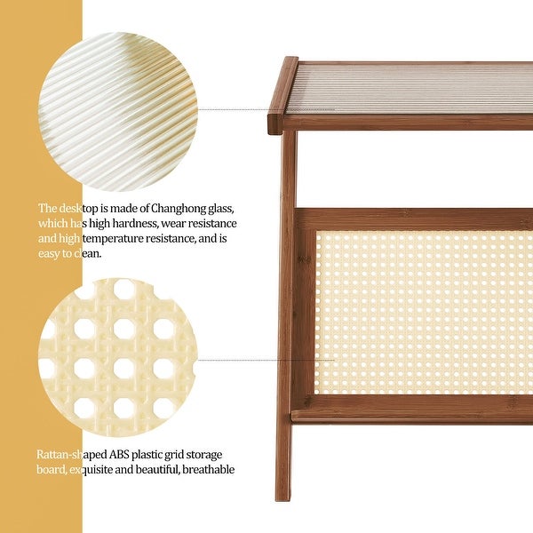 Bamboo Glass-top End Table with Rattan-like Magazine Rack