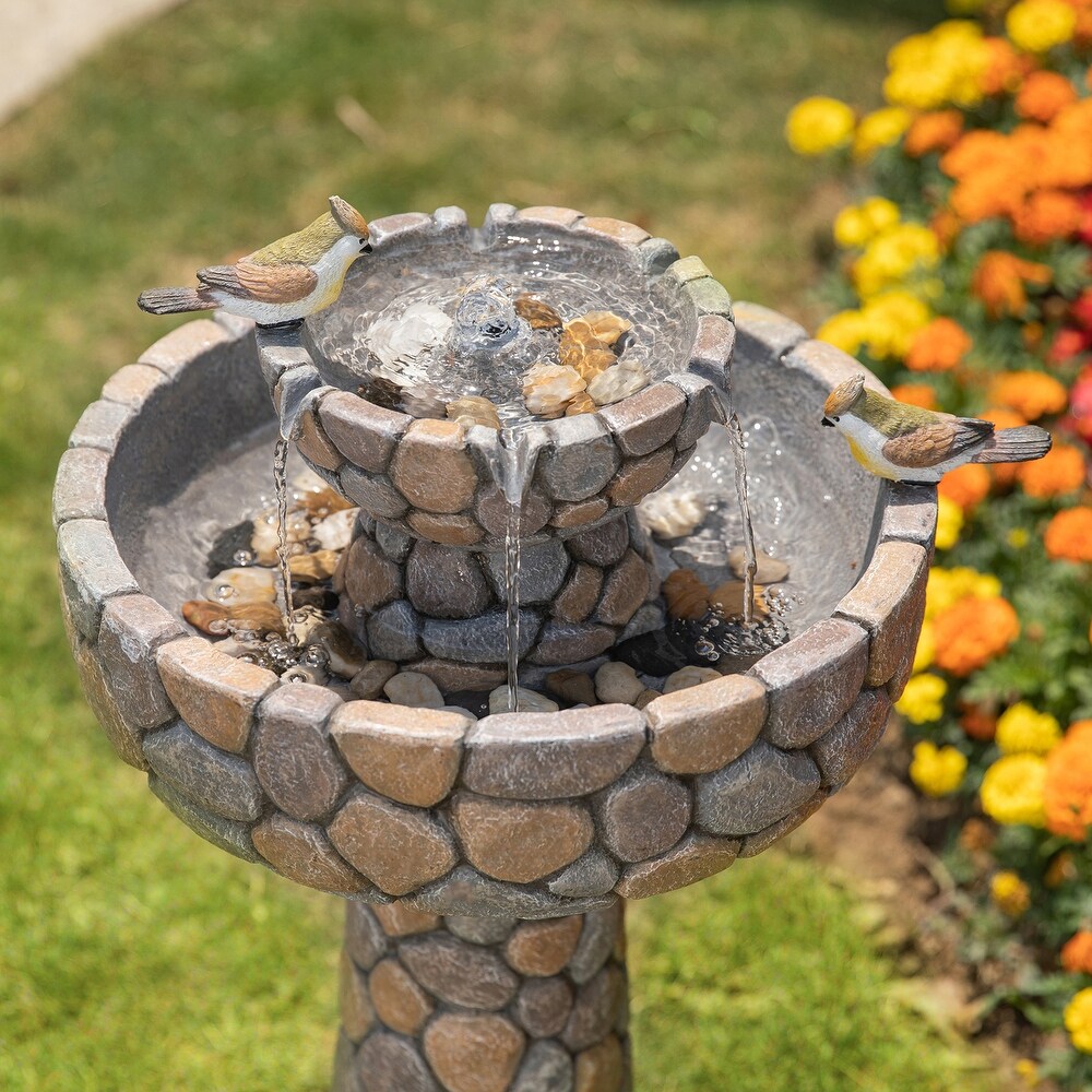 Glitzhome 24.5 inch Outdoor 2 tier Faux Pebbles Polyresin Birdbath Fountain with Pump