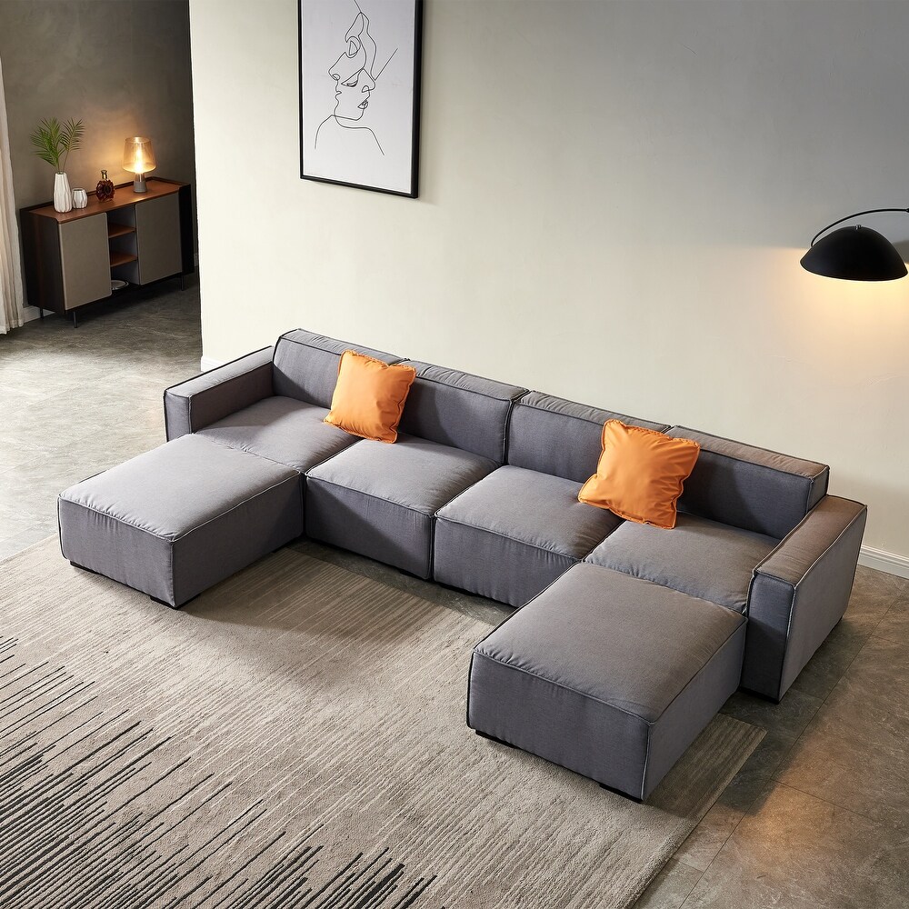 U Shape Convertible Modular Sectional Sofa with Reversible Ottoman