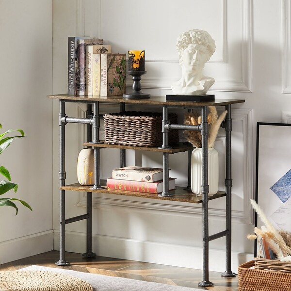 VECELO Modern Industrial Console Table with 3-tier Open Storage Shelves