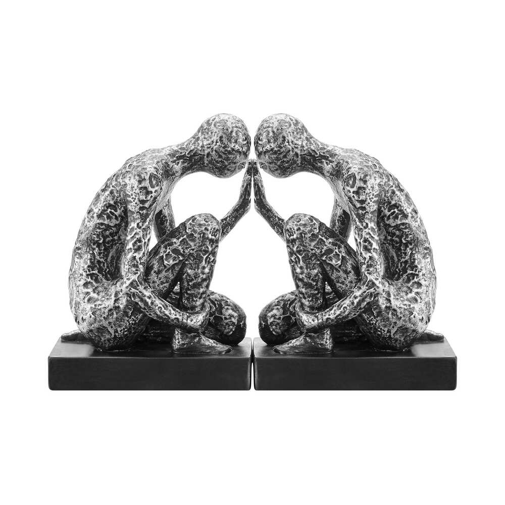 Danya B. Kneeling Figure Sculptures Polyresin Silver and Black Finish Bookend Set of 2