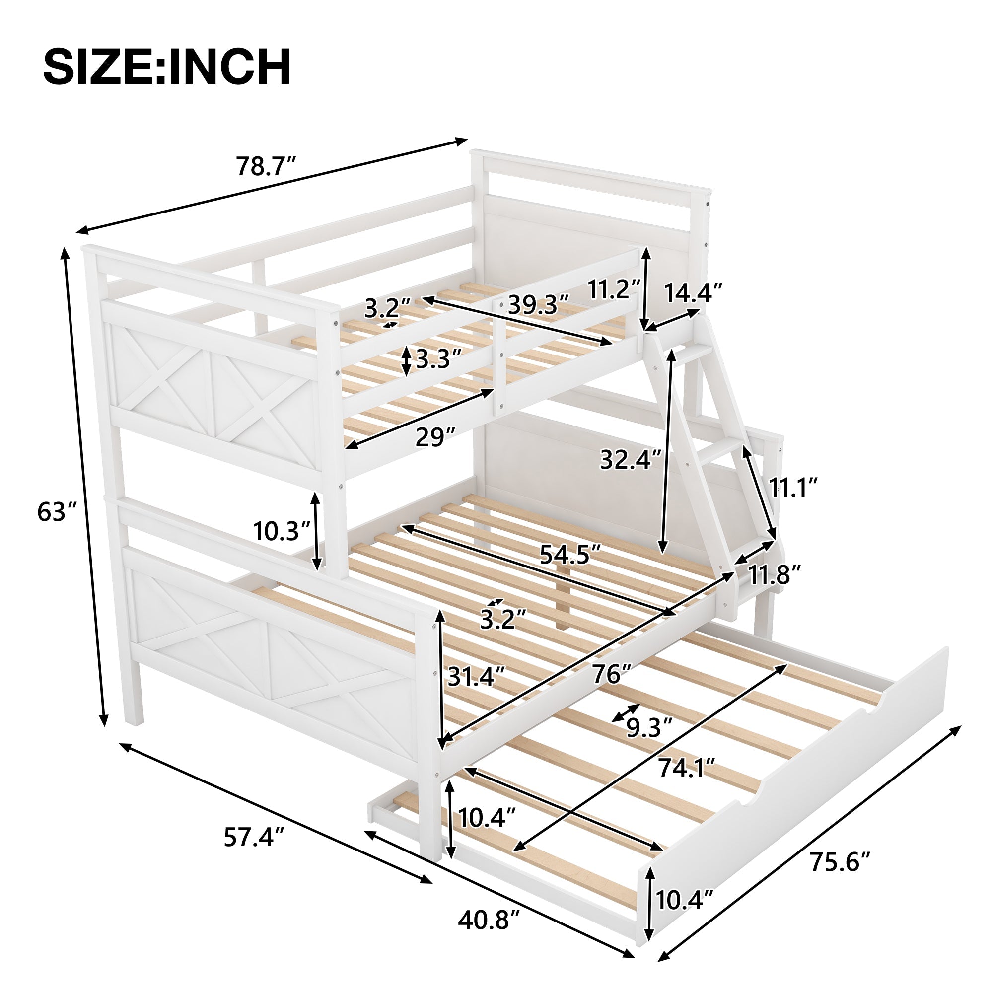 Euroco Wood Twin over Full Bunk Bed with Trundle for Kids & Adults for Bedrooms, White