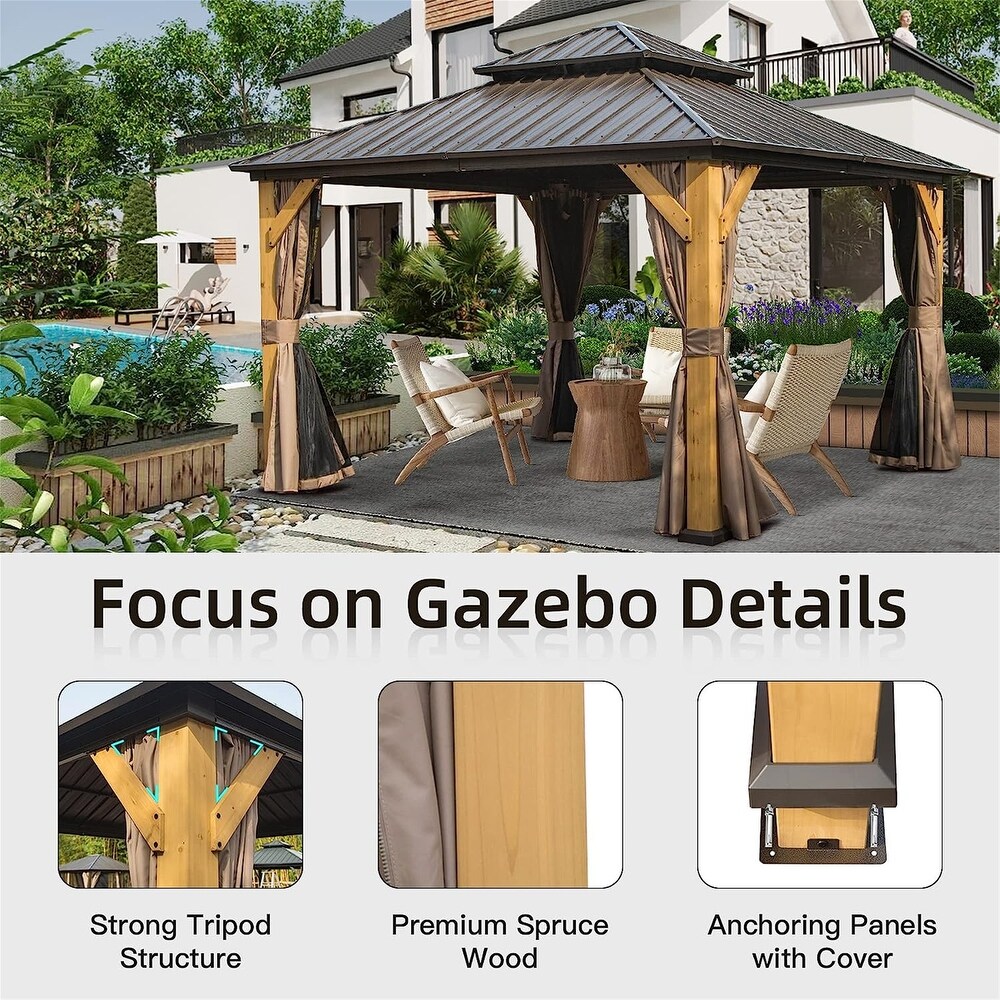 Outdoor Hardtop Gazebo  12ft x 12ft Cedar Wood Frame Pergola with Metal Double Roof Curtains Netting for Patio Brown