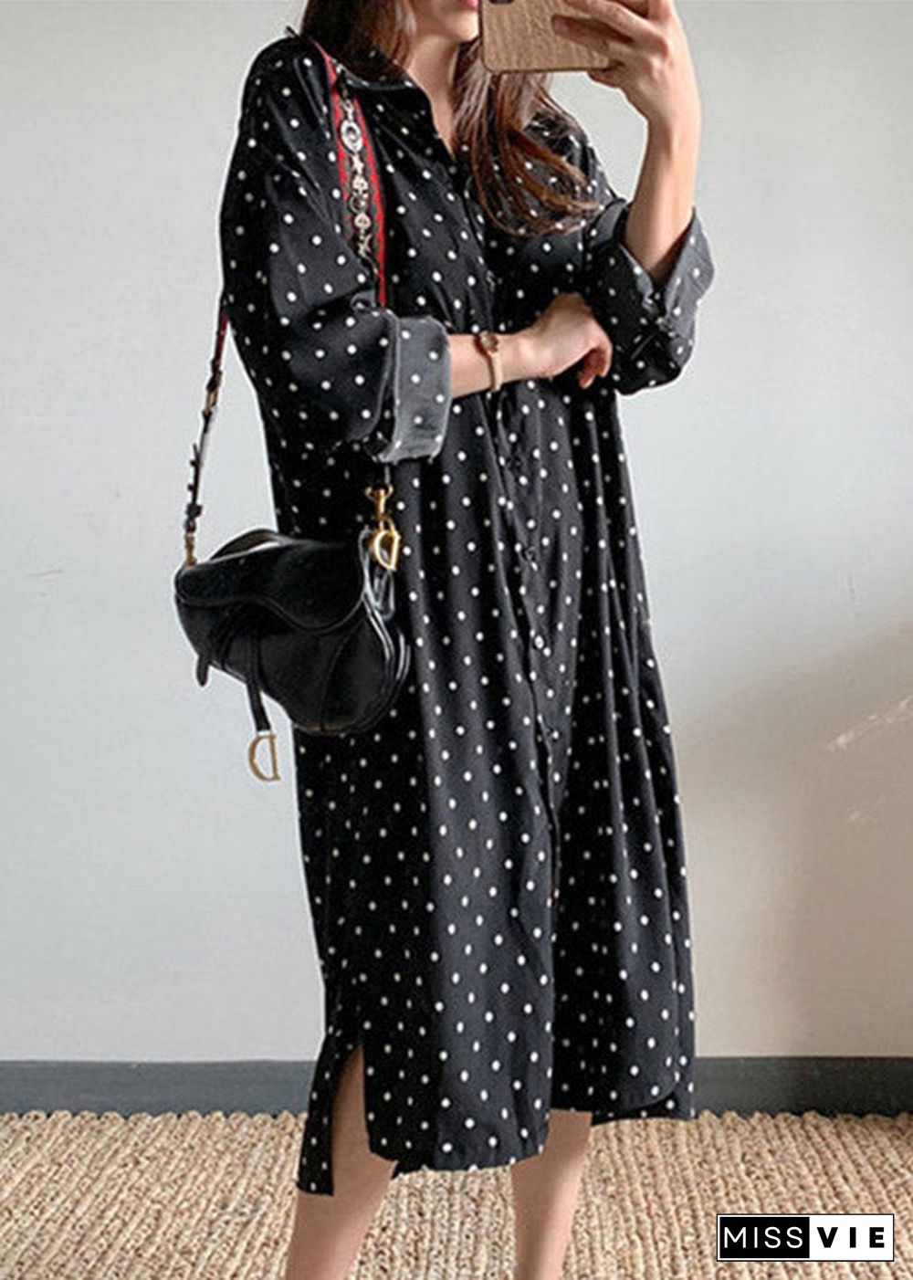 Black Dot Side Open Maxi Dress Long Sleeve