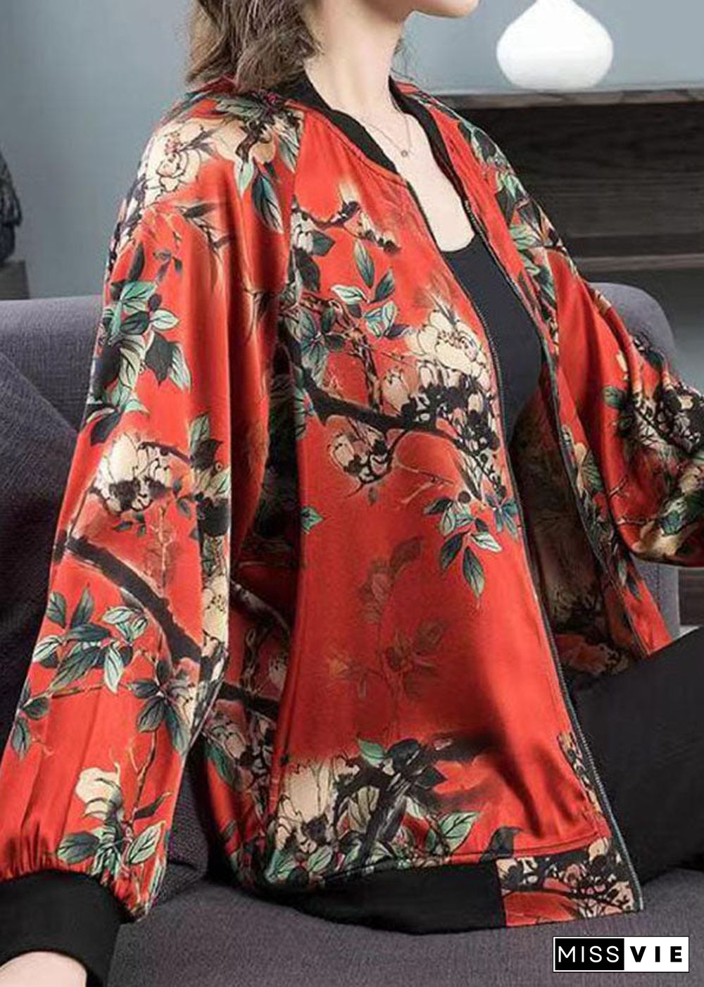 Plus Size Red O-Neck Print Zippered Patchwork Silk Jacket Spring