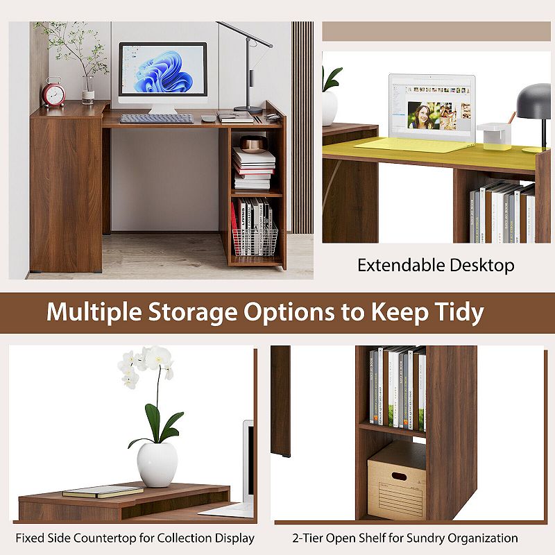 Extendable Computer Desk for Small Space with Mobile Shelves