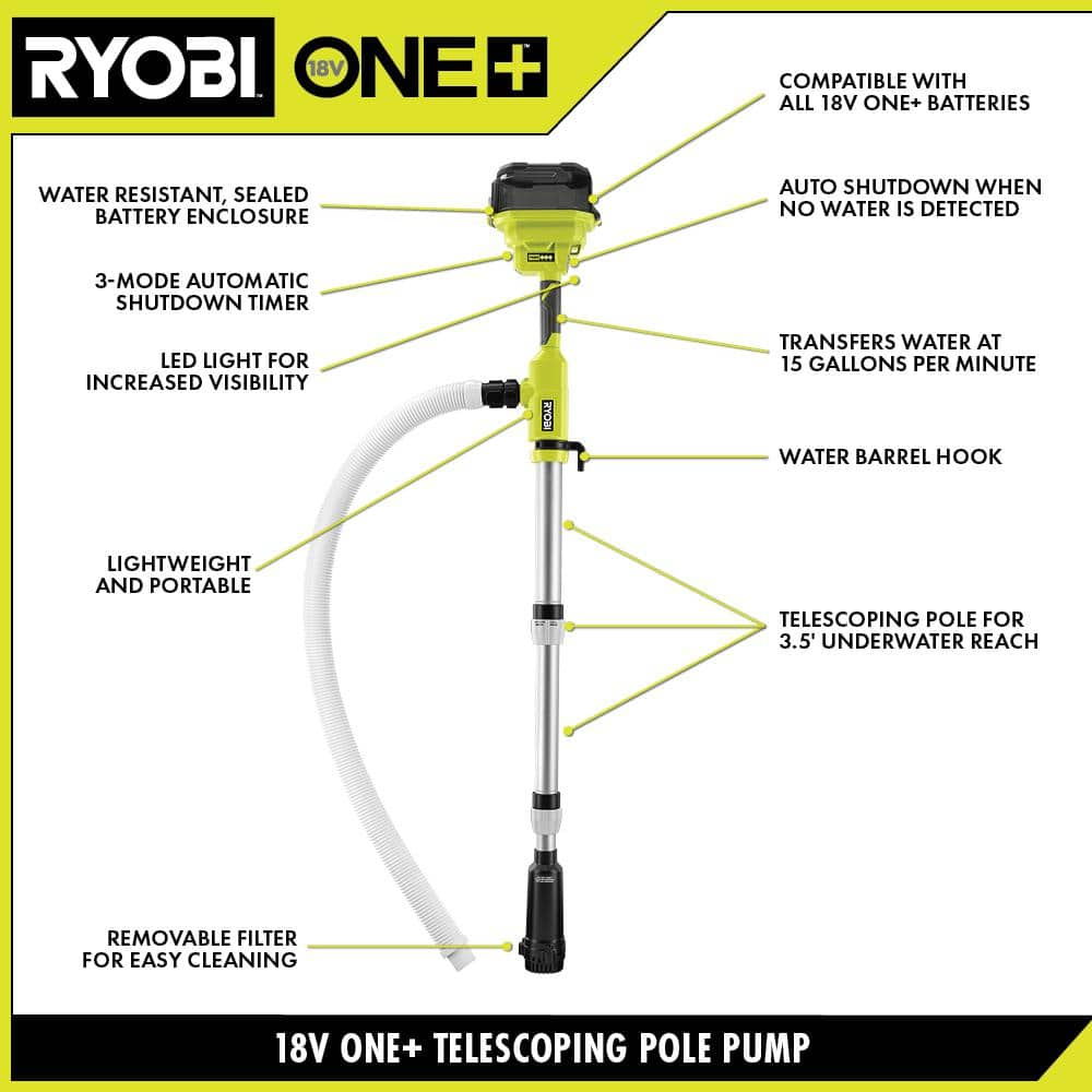 RYOBI ONE+ 18V Cordless 1/6 HP Telescoping Pole Pump with 2.0 Ah Battery and Charger RY20UP022K