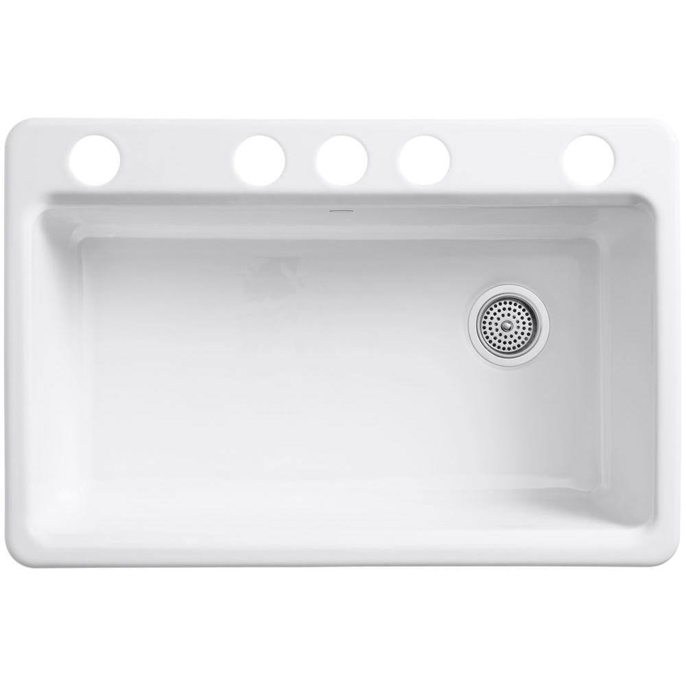 KOHLER Riverby Undermount Cast-Iron 33 in. 5-Hole Single Bowl Kitchen Sink Kit with Accessories in Cashmere K-5871-5UA3-K4