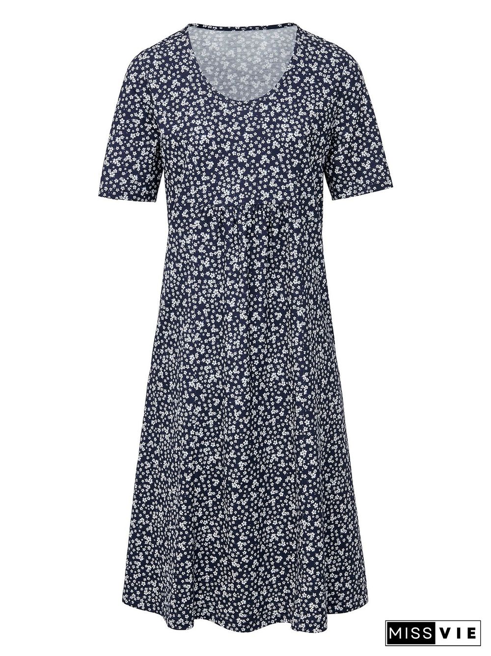 Women Short Sleeve Round Neck Floral-Print Causal Midi Dresses