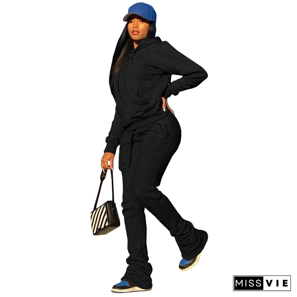 Hooded Sweatshirt Drawstring Stacked Pants Set