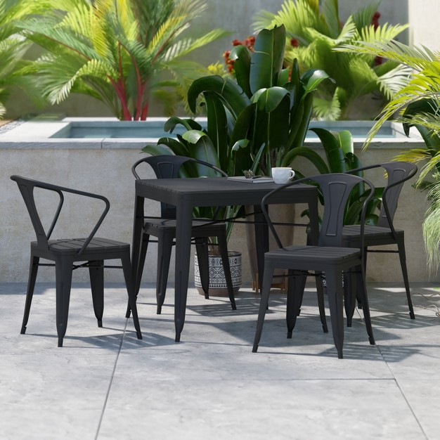 Flash Furniture All weather Resin Top Square Table amp 4 Metal Chairs With Poly Resin Seats black