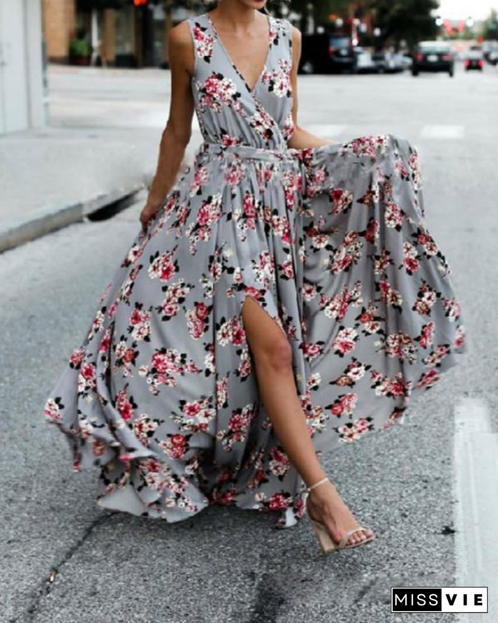 Bohemia Floral Sleeveless V Neck Split-side Maxi Dress