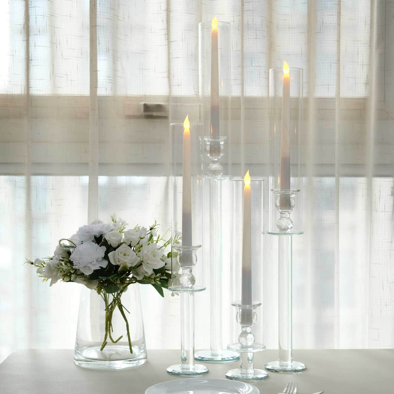 Set of 4 Clear Crystal Glass Hurricane Taper Candle Holders With Tall Cylinder Chimney Tubes 14