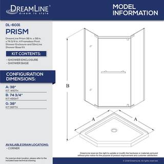 DreamLine Prism 38 in. x 38 in. x 74.75 in. Semi-Frameless Pivot Neo-Angle Shower Enclosure in Brushed Nickel with White Base DL-6031-04