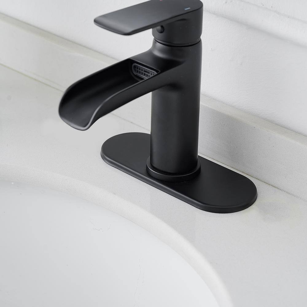 BWE Waterfall Single Handle Single Hole Modern Bathroom Faucet Bathroom Drip-Free Vanity Sink Faucet in Matte Black A-96071-B