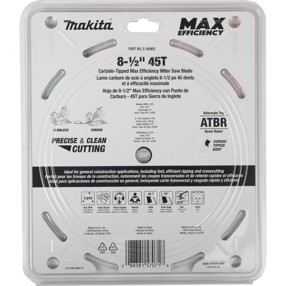 Makita Max Efficiency Miter Saw Blade 8 1/2 45 Tooth Thin Kerf ;