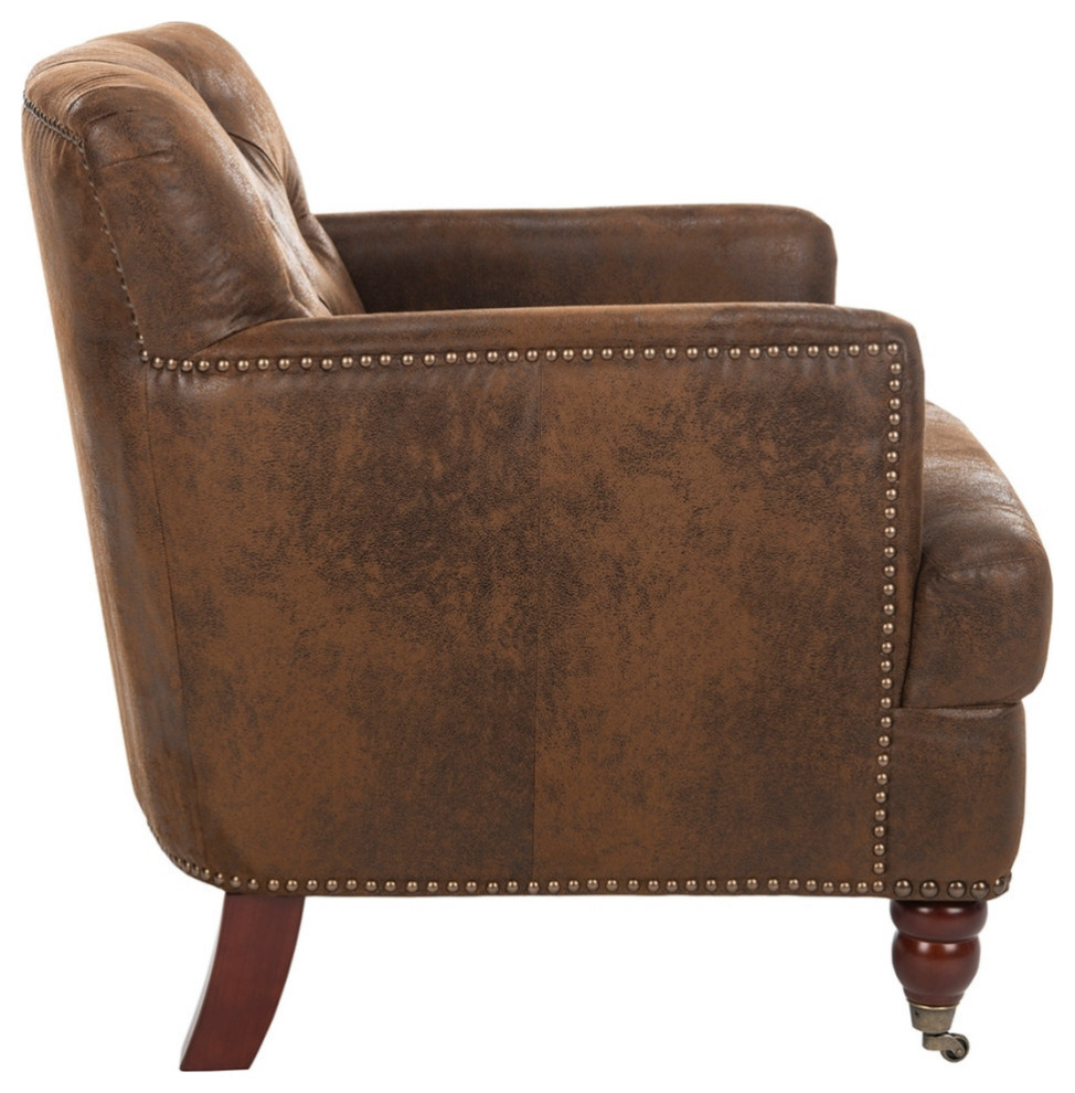 Leonard Tufted Club Chair With Brass Nail Heads Brown/Cherry Mahogany   Traditional   Armchairs And Accent Chairs   by Rustic Home Furniture Deco  Houzz