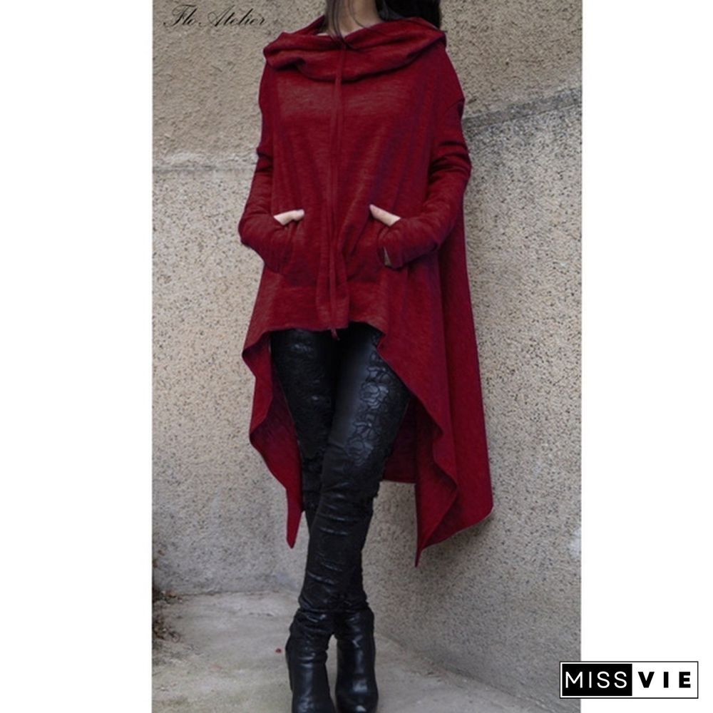 Womens Solid Color Draw Cord Coat Long Sleeve Loose Casual Long Hoodies Sweatshirts Poncho Coat Hooded Pullover