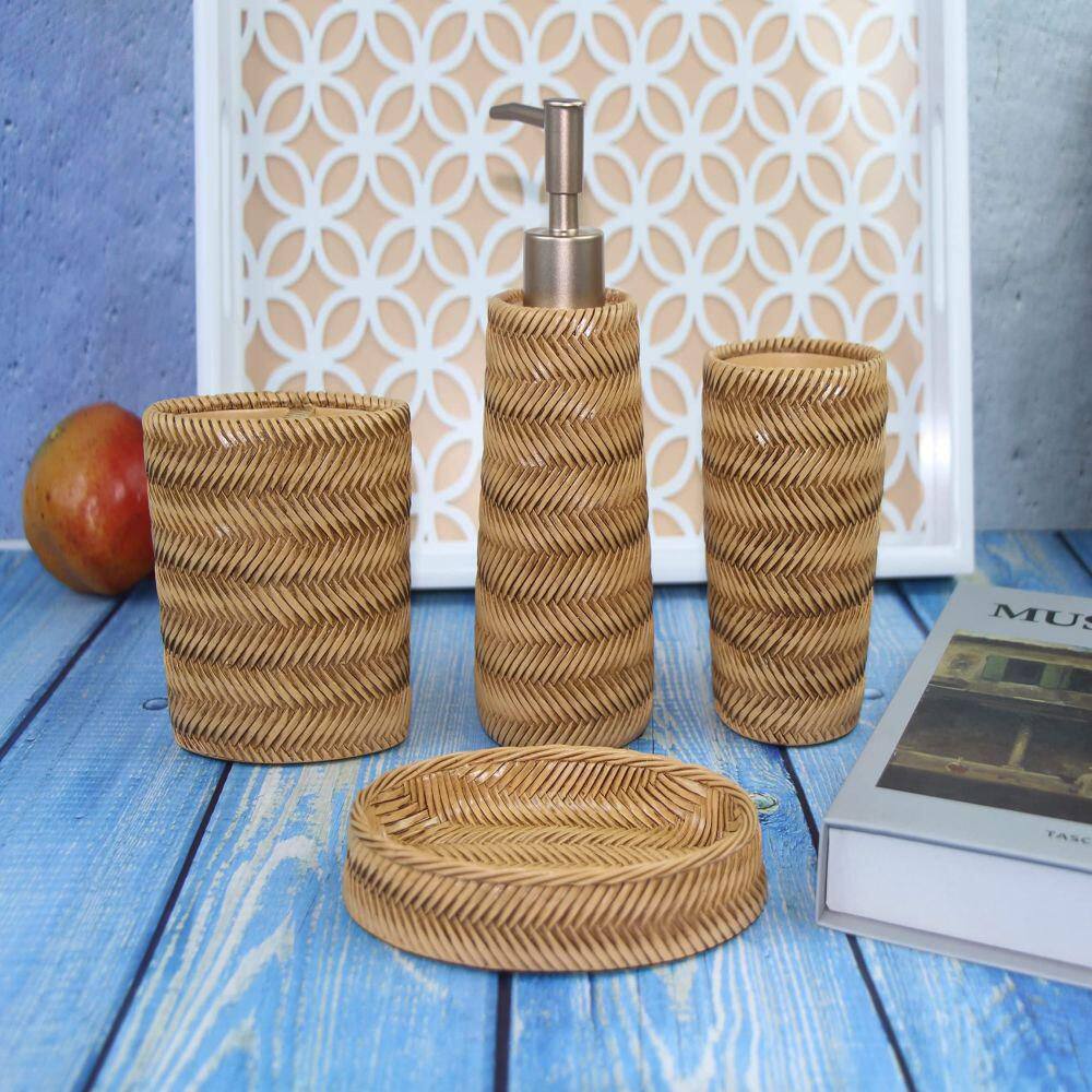 Dracelo 4-Piece Bathroom Accessory Set with Toothbrush Cup Soap Dispenser Tumbler in Bamboo B09T9J2FDG