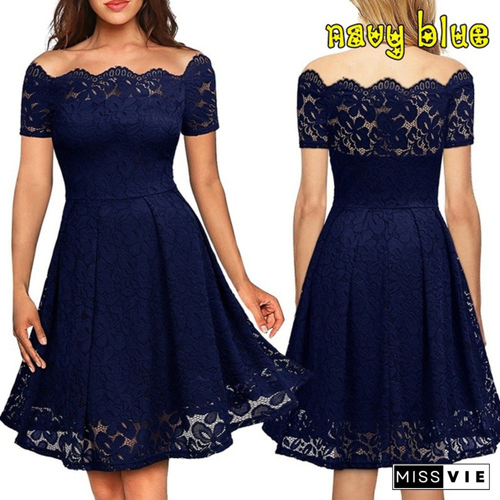 Women's Fashion Floral Lace Dress Female Black Retro Elegant Party Club Dress Evening Gowns Dress Party Prom Dresses Short Sleeve Backless Flare Swing Mini Dress