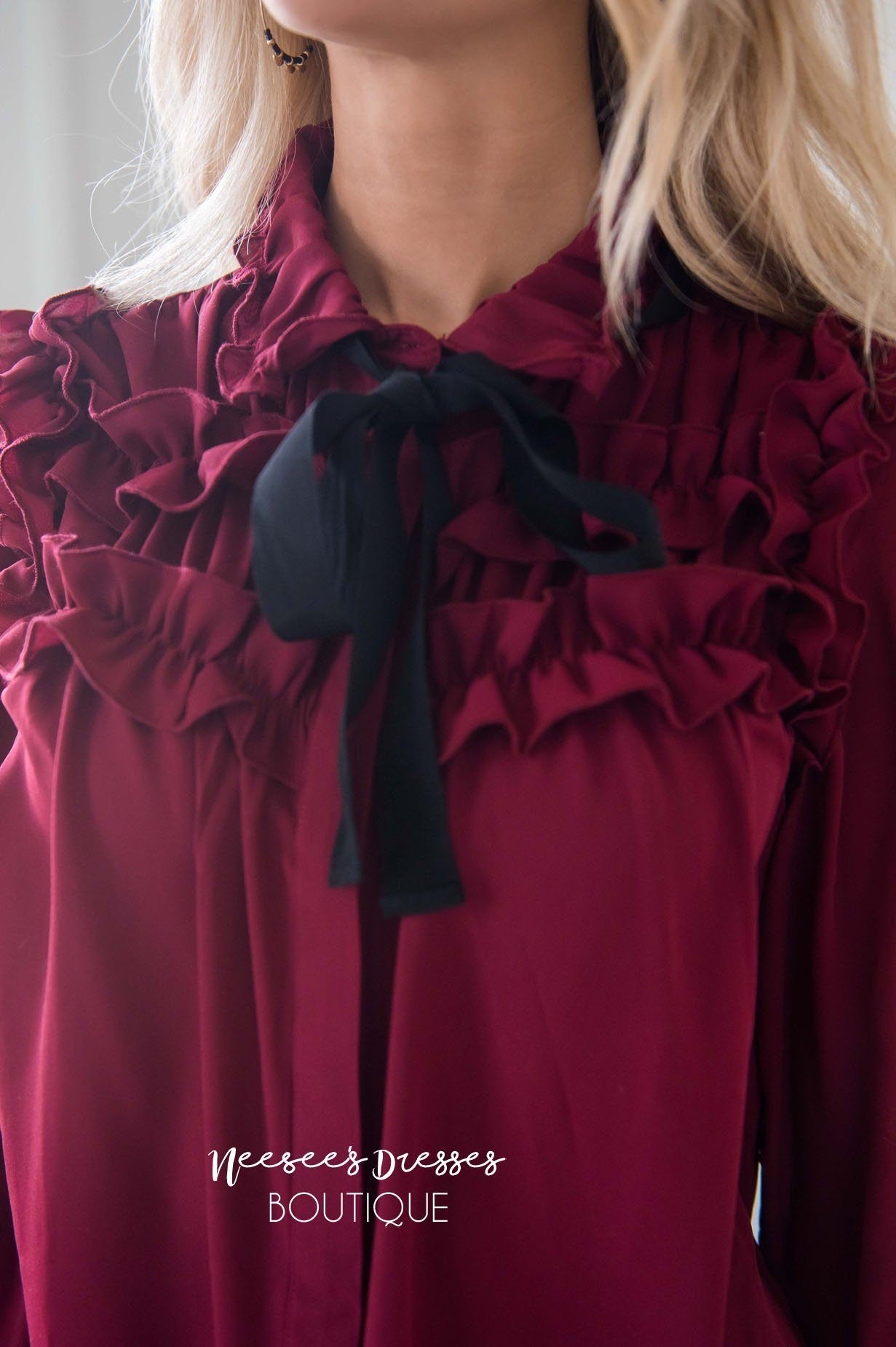 Button Down Ruffle Yoke Tie Detail Blouse