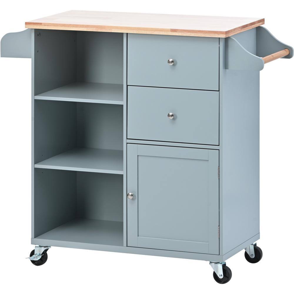 Blue Rubber Wood Drop-Leaf Countertop 41.34 in. W Kitchen Island on 4-Wheels with 2-Drawers and 3-Open Shelves XS-WF299363AAG