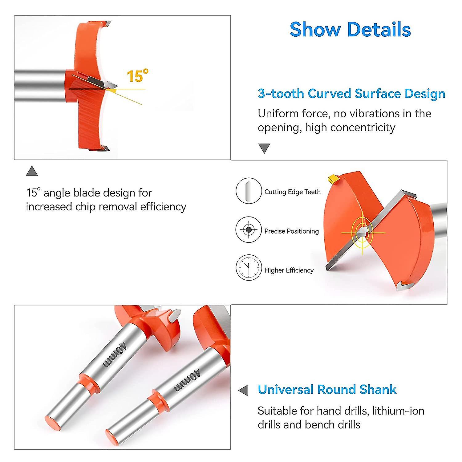 Pcs Woodworking Drill Bits， 30/40/45/50/60mm Carbide Woodworking Cutters， Woodworking Drill Bits， Round Shank Drill Bit Set， Drill Bits， For Decoratio