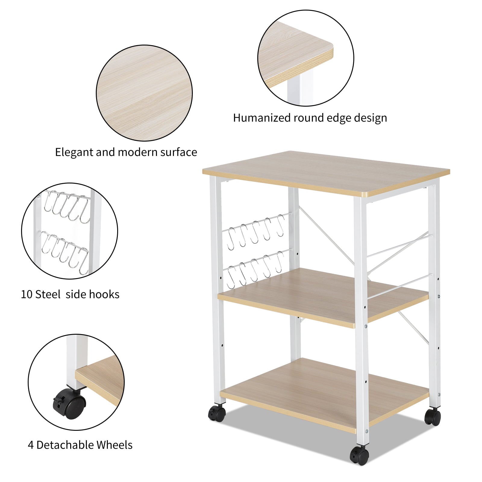 UBesGoo 3-Layer Kitchen Microwave Oven Stand Cart, Rolling Bakers Rack Kitchen Utility Storage Serving Cart, Kitchen Island Cart for Kitchen