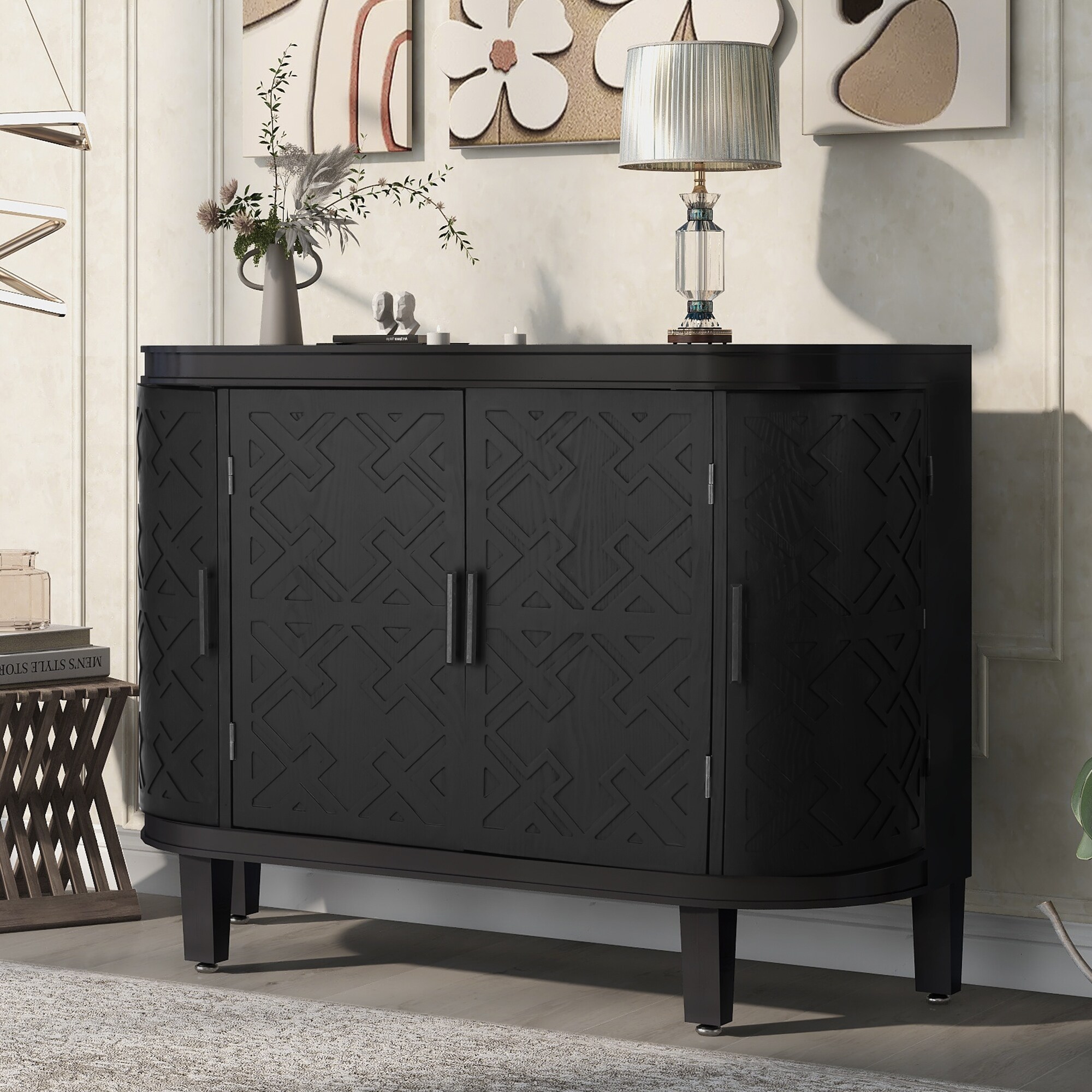 Accent Storage Sideboard with Antique Pattern Doors， Wooden Console Cabinet Suitable for Hallway， Entryway， Living Room， Bedroom