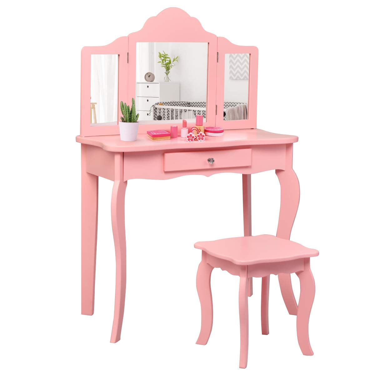 Costzon Kids Wooden Vanity Table & Stool Set, 2 in 1 Detachable Design with Dressing Table and Writing Desk (Pink)