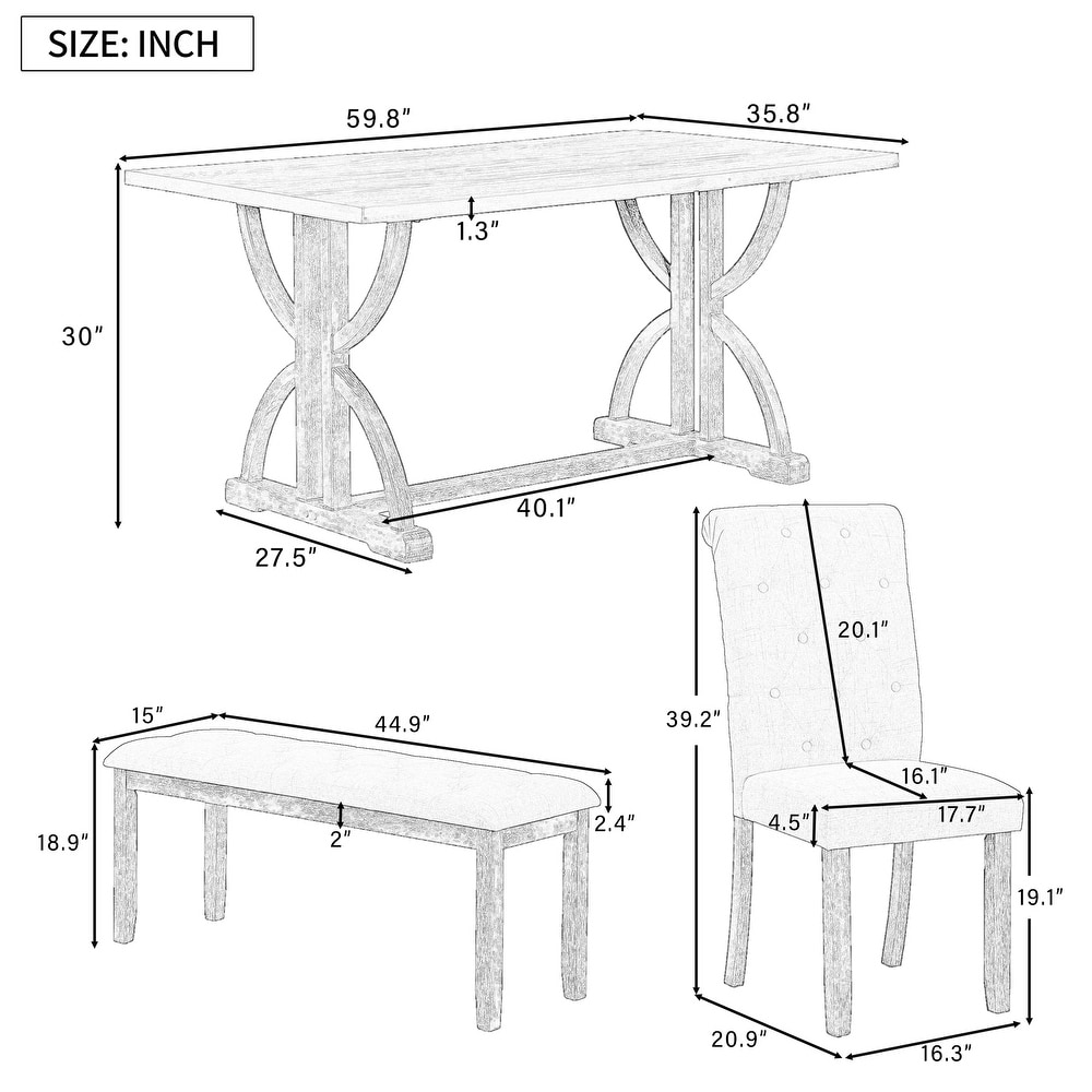 6 Piece Rectangular Dining Table Set with Unique Legs  4 Upholstered Chairs and 1 Bench