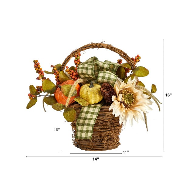 Nearly Natural 16-in Fall Pumpkin Gourds And Berries Artificial Autumn Arrangement