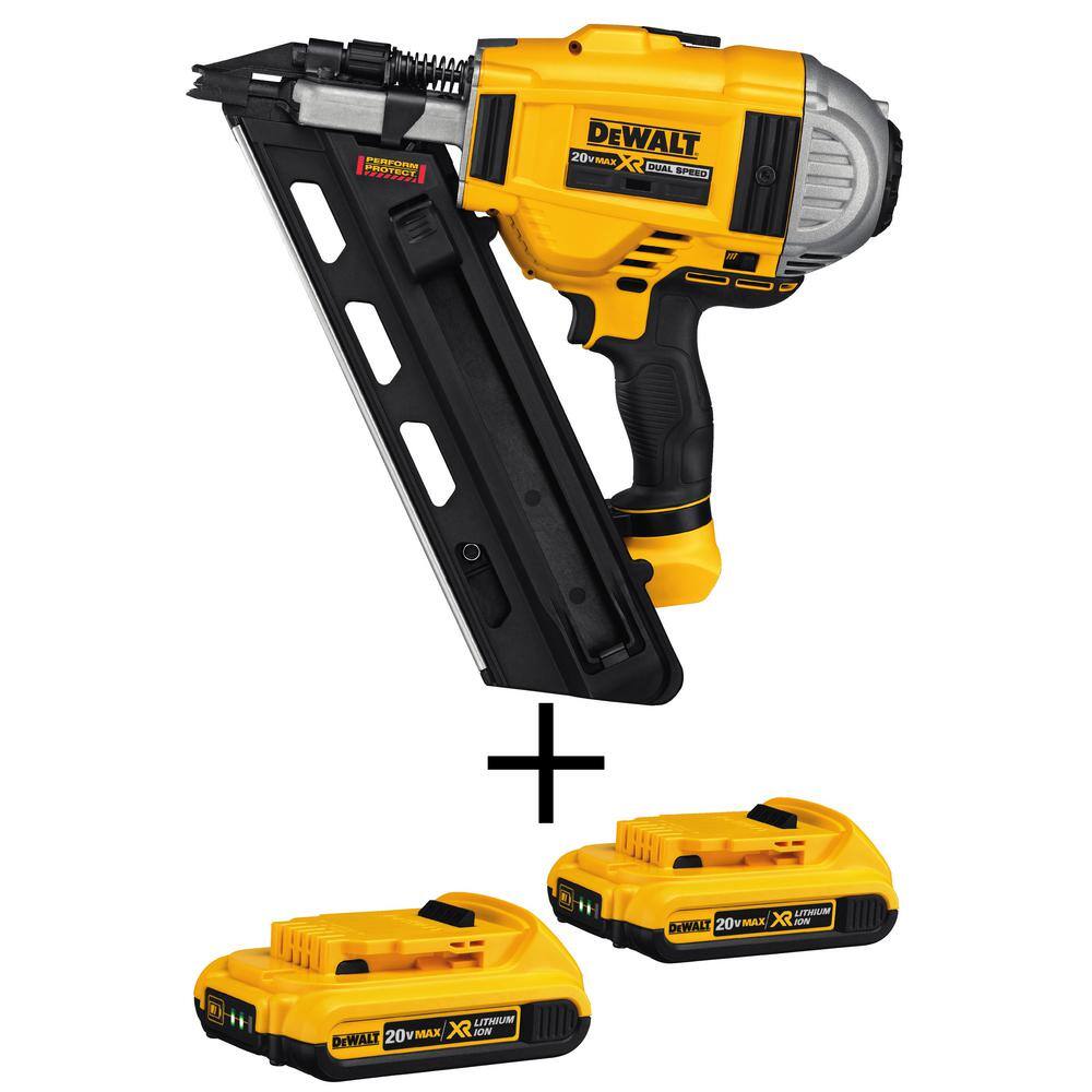 DW 20V MAX XR Lithium-Ion 30-Degree Cordless Brushless 2-Speed Framing Nailer and (2) 2.0Ah Batteries DCN692B203