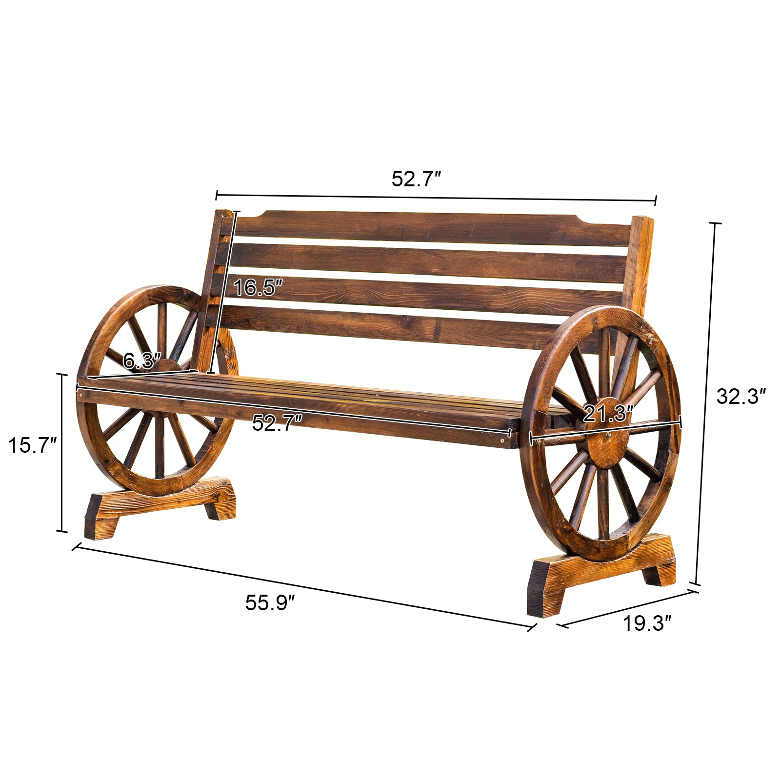 3-Person Wooden Wagon Wheel Bench for Patio, Garden, Outdoor Lounging w/ Rustic Design - Brown