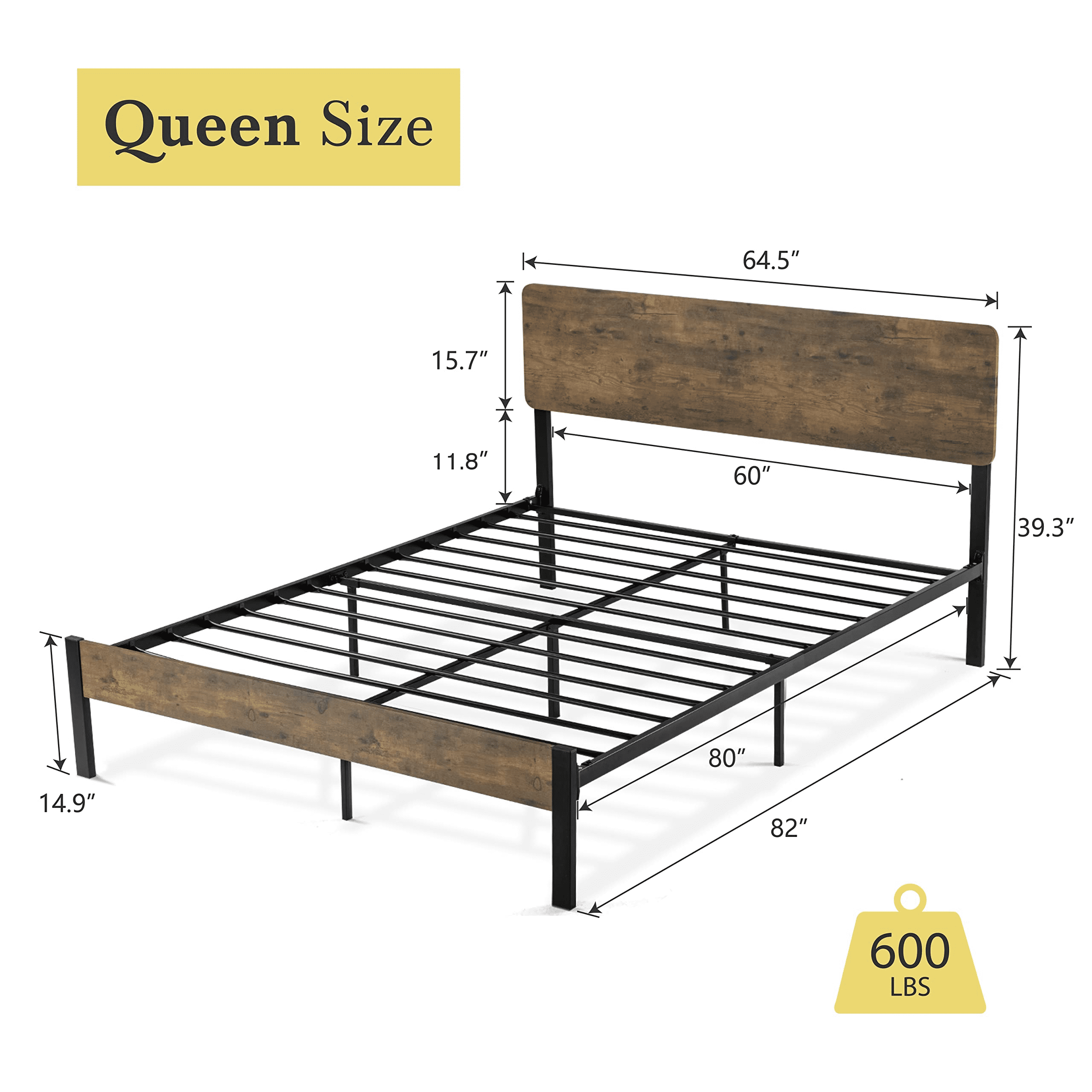 Einfach Queen Size Wood Bed Frame with Rustic Headboard and Footboard, Brown