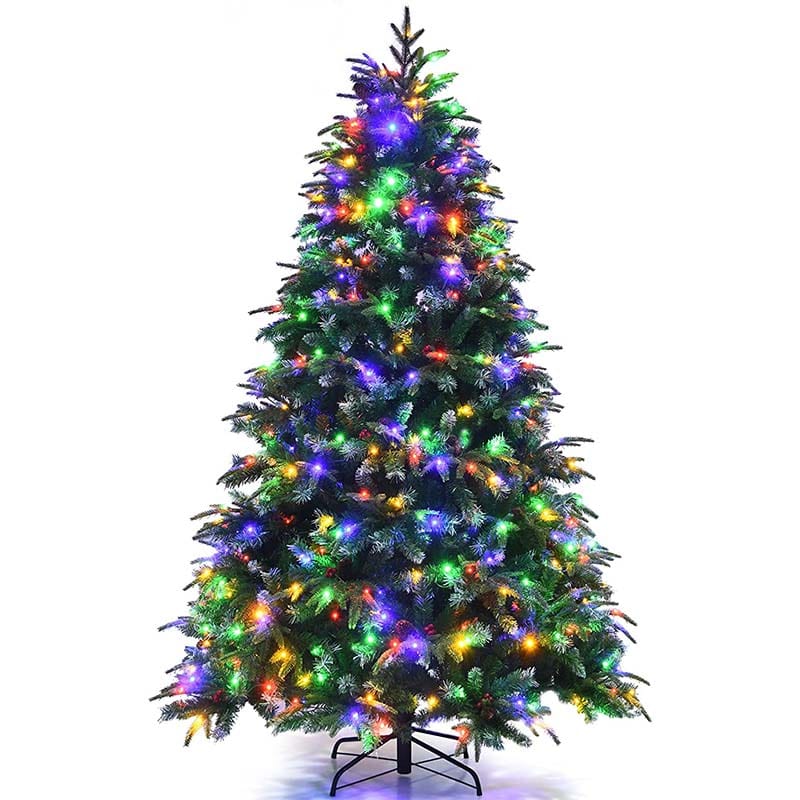 5/6/7/9FT Snowy Leaves Pre-Lit Hinged Artificial Christmas Tree with 11 Flash Modes & Multi-Color Lights