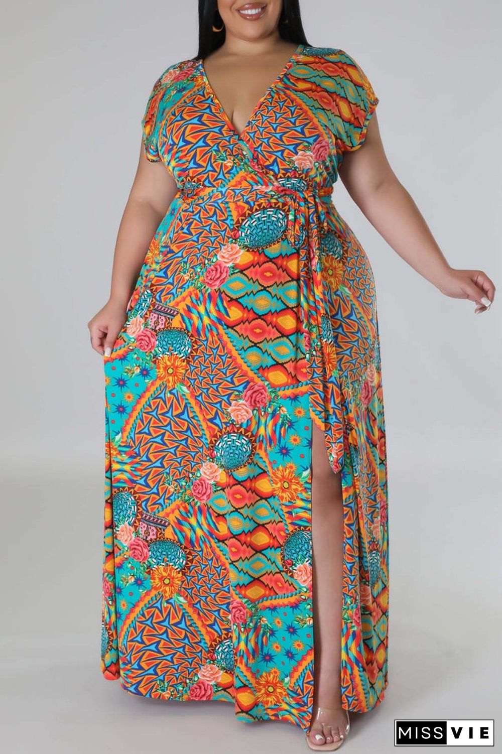 Multicolor Casual Print Slit V Neck Short Sleeve Dress Plus Size Dresses