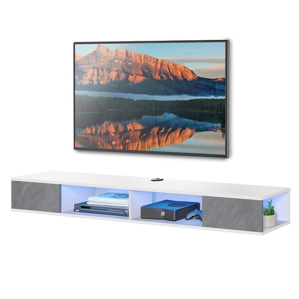 WAMPAT Floating TV Stand with LED Lights， Entertainment Center Media Console， Wall Mounted for 65/70/75 Inch TVs， WhiteandGrey…