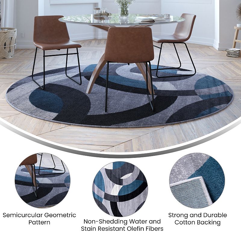 Masada Rugs Masada Rugs， Thatcher Collection Accent Rug with Interlocking Circle Pattern in Blue/Grey with Olefin Facing and Natural Jute Backing - 8'x8' Round