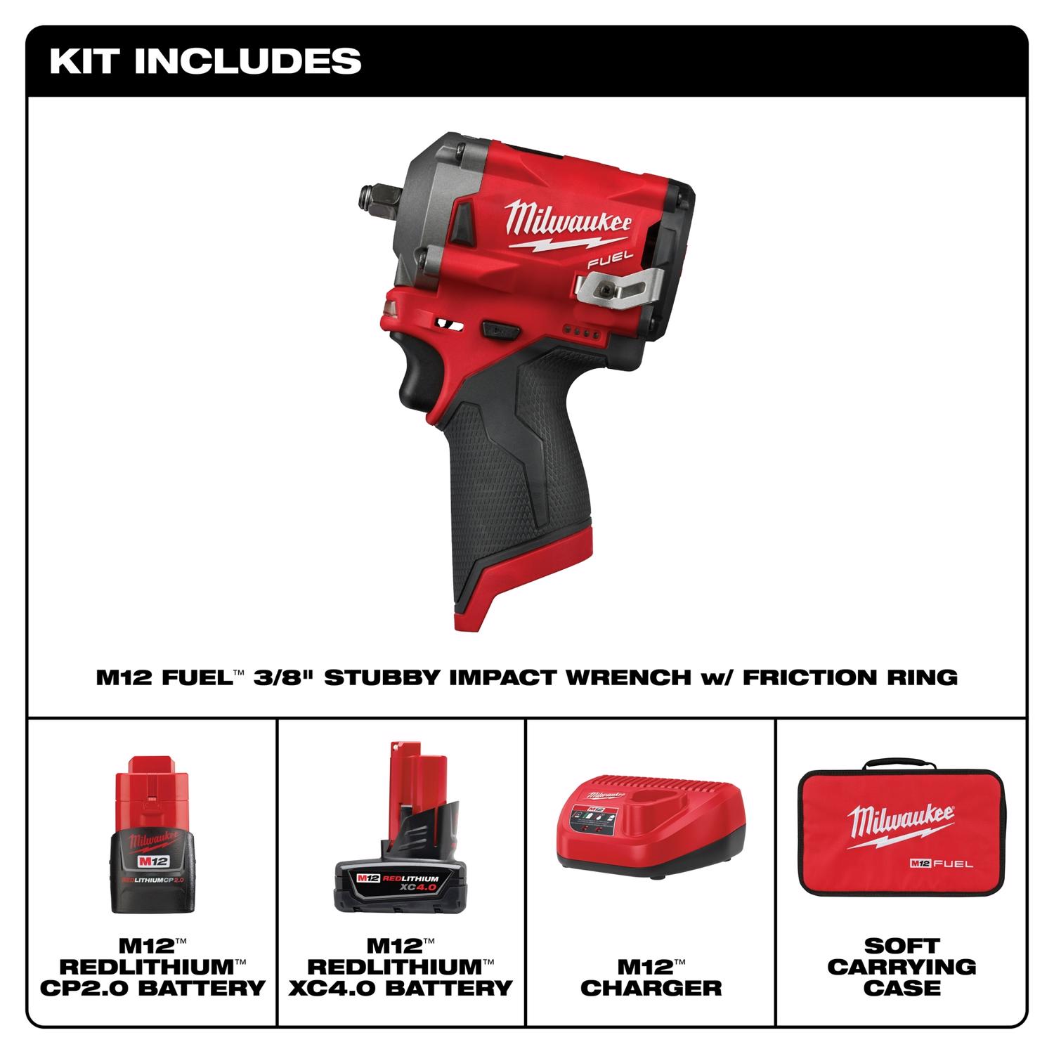 MW M12 FUEL 12 V 3/8 in. Cordless Brushless Stubby Impact Wrench Kit (Battery \u0026 Charger)