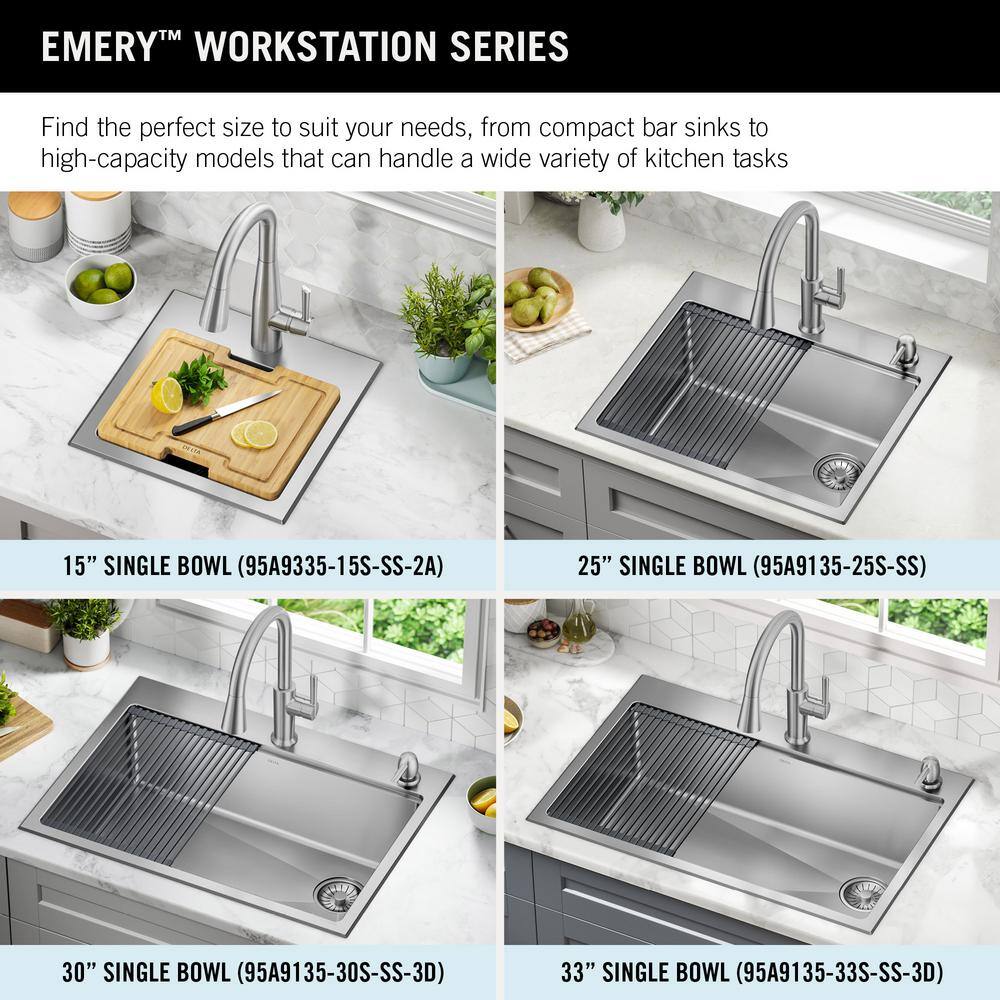 Delta Emery Stainless Steel 30 in. Single Bowl UndermountDrop-In Workstation Kitchen Sink with Accessories 95A9135-30S-SS-3D