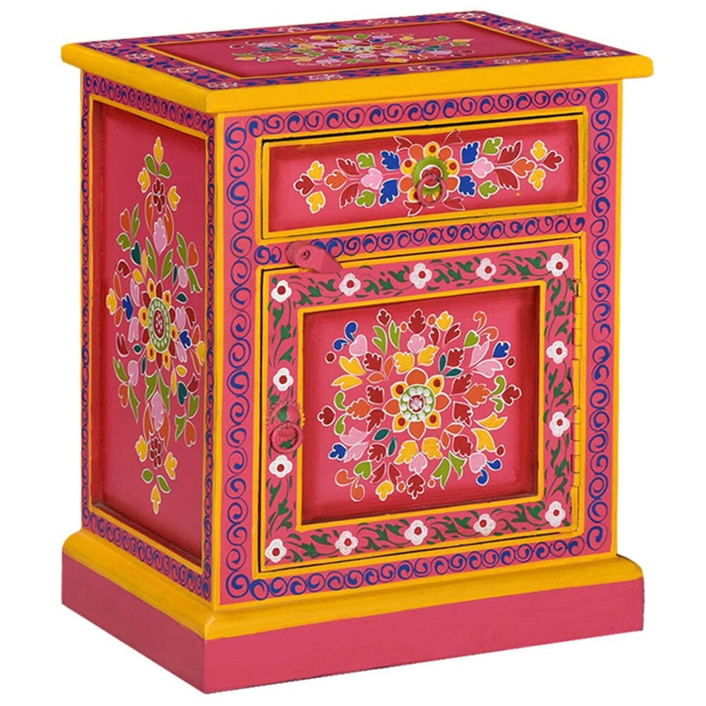 vidaXL Bedside Cabinet Solid Mango Wood Pink Hand Painted