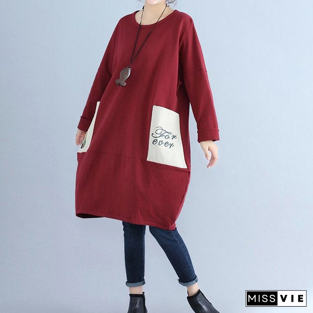 solid cotton pockets prints burgundy casual dresses oversize o neck mid dress