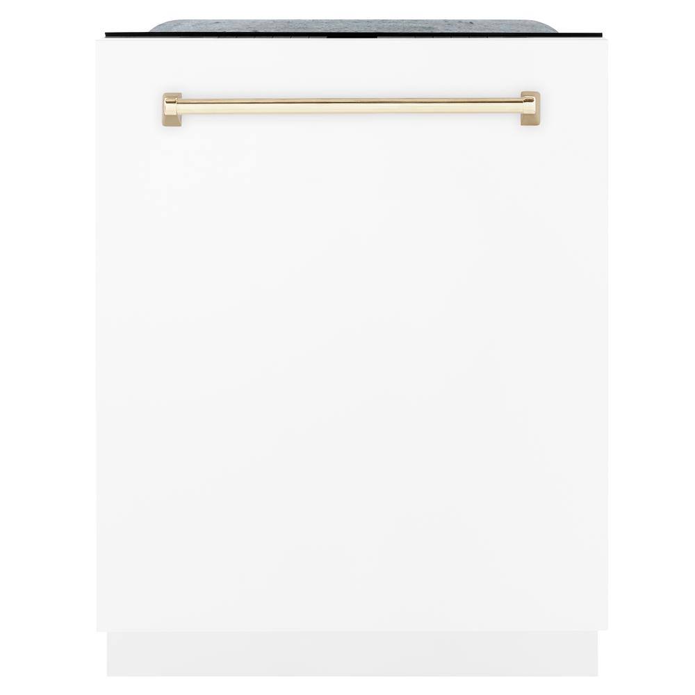 ZLINE Kitchen and Bath Autograph Edition 24 in. Top Control 6-Cycle Tall Tub Dishwasher w 3rd Rack in Matte White  Gold DWMTZ-WM-24-G