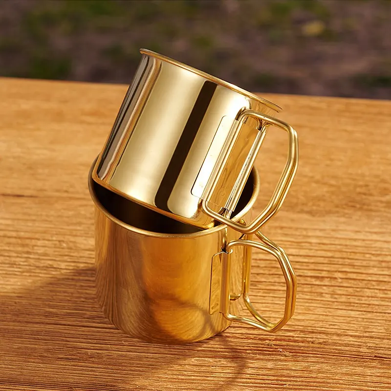 500ml wholesales custom logo camping metal steel gold coffee tea cup mug with portable handle for hiking Picnic drinkware